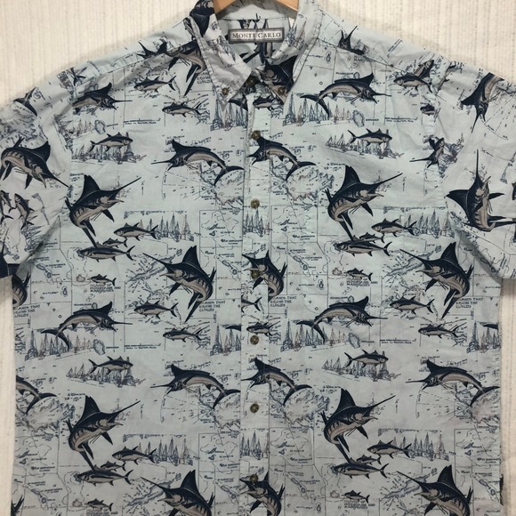 Monte Carlo Marlin Fish‎ Map Print Button Up Short Sleeve Shirt XL - Picture 1 of 9